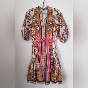 ANTONIO MELANI Pink and Cream Paisley Belted Midi Dress - XS - 0